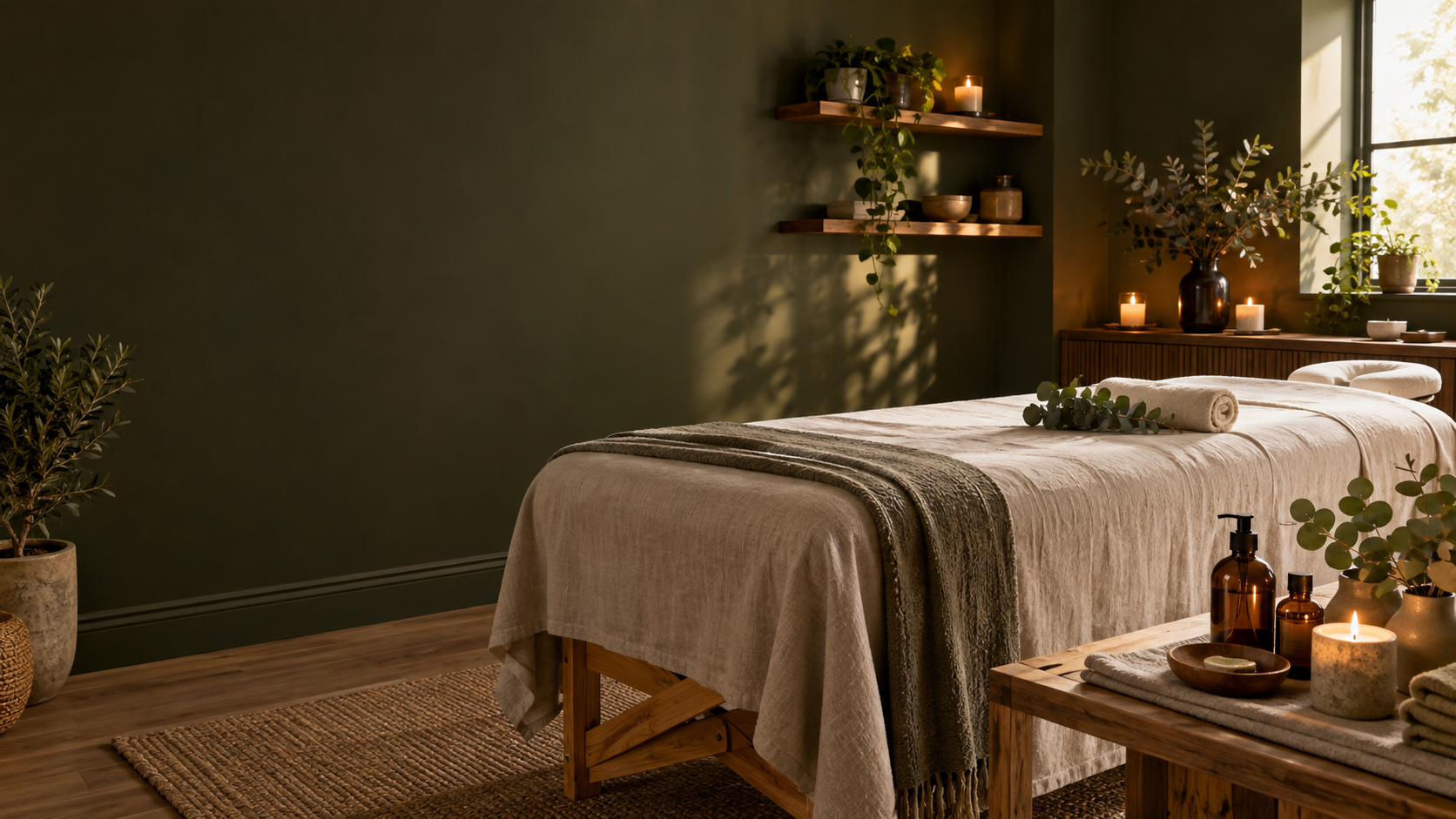 Calm massage treatment room with linen, botanical details and warm light